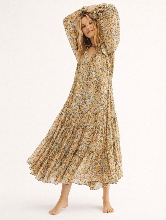 Free People Dresses & Skirts - Free People Feelin Groovy Maxi Dress Boho Floral Sheer Tiered Prairie Midi M